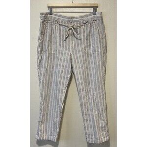 Anthropologie Striped Linen Blend Pants Size XL Off White Blue Beach Nautical